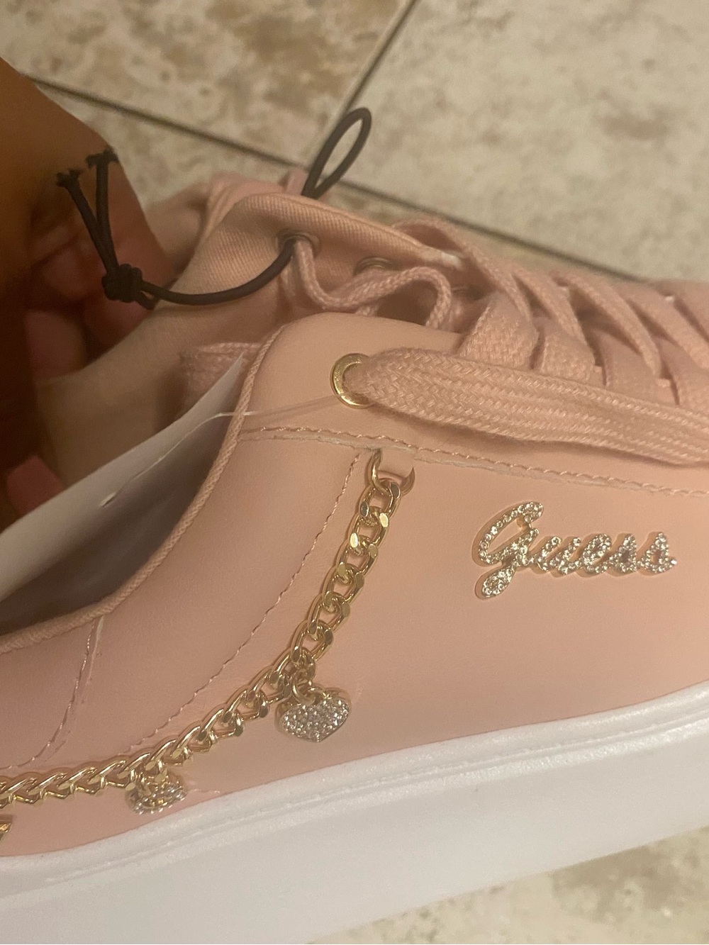 GUESS Pink Low-Top Sneakers with Gold Heart Chain